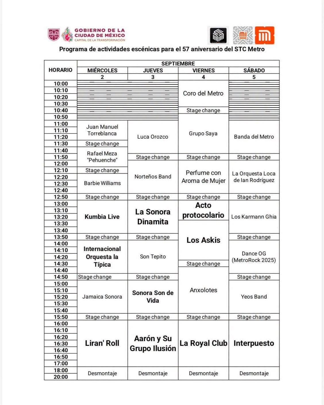 Presunto programa del Gobierno de la Ciudad de México publica el programa de actividades escénicas con horarios y artistas para el 57 aniversario del Sistema de Transporte Colectivo Metro. (Redes sociales)