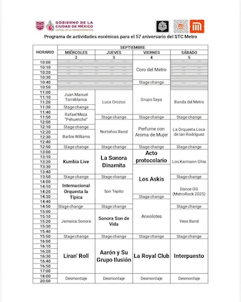 Tabla de horarios con la programación de actos musicales del 2 al 5 de septiembre y logotipos oficiales en la parte superior