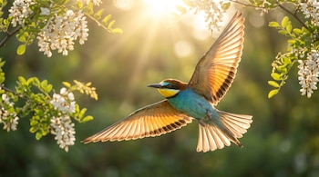 Abejaruco en vuelo. Alas extendidas, plumaje azul, amarillo y marrón. Sol ilumina sus alas. Flores blancas y hojas verdes.