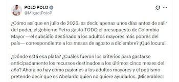 Miguel Polo Polo cuestionó públicamente el manejo de los recursos y lanzó fuertes críticas contra el gobierno de Gustavo Petro (2022-2024) - crédito @MiguelPoloP/X