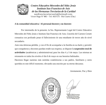 La joven cursaba el tercer año del nivel secundario en el Instituto San Francisco de Asís, ubicado en la calle Garibaldi al 200, en el sector de Banda Norte de Río Cuarto