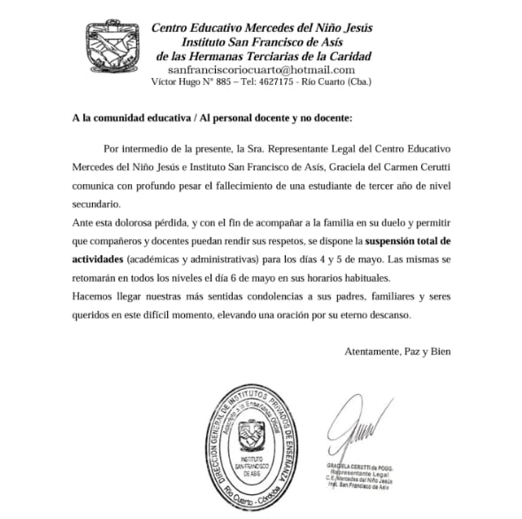 La joven cursaba el tercer año del nivel secundario en el Instituto San Francisco de Asís, ubicado en la calle Garibaldi al 200, en el sector de Banda Norte de Río Cuarto