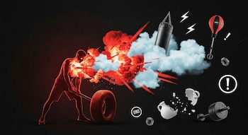 Ilustración de una figura golpeando un neumático con un mazo, con explosiones rojas y nubes azules emergiendo, rodeada de pesas, sacos de boxeo y cerámicas rotas sobre un fondo oscuro.
