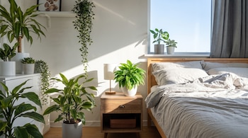 Dormitorio con cama, mesilla de noche y lámpara. Ventana con luz solar. Múltiples plantas de interior en macetas decoran la habitación.