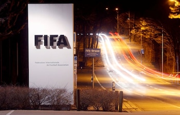 FILE PHOTO: FIFA logo near its headquarters in Zurich, Switzerland, February 27, 2022. REUTERS/Arnd Wiegmann