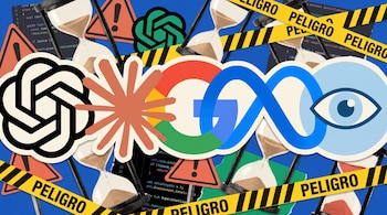 Ilustración de collage con logos de OpenAI, Anthropic, Google, Meta y Safe Superintelligence, junto a relojes de arena, señales de advertencia, fragmentos de código y cintas de Peligro.