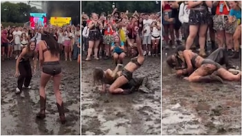 Una pareja de lesbianas protagoniza una pelea en lodo durante Lollapalooza 2026