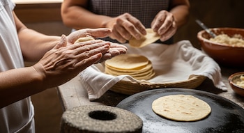 Primer plano de dos pares de manos moldeando masa y colocando tortillas en un cesto. Una tortilla sobre un comal, un metate y tazones con ingredientes.