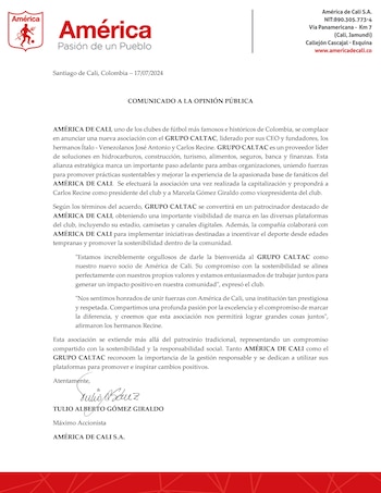 Comunicado donde América de Cali