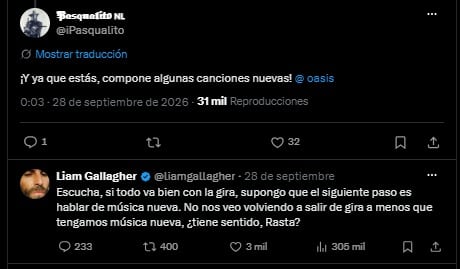 Liam Gallagher respondió a un fan que hay probabilidad de lanzar nuevas canciones con Oasis. (X)
