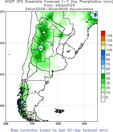 Para esta semana las chances de precipitaciones en el este de Región Pampeana son ciertamente escasas, más allá de algunas lluvias aisladas (NOAA)