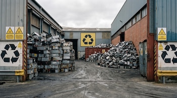 Edificios industriales grises con pilas de baterías usadas y carteles de advertencia de peligro, residuos tóxicos y zona contaminada, con símbolos de reciclaje.