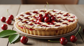 Tarta de cerezas con enrejado de masa y relleno rojo, decorada con cerezas frescas y azúcar glas. Está en un plato sobre una mesa de madera con cerezas sueltas y hojas verdes.