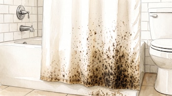 Ilustración de un cuarto de baño que muestra una bañera, una cortina de ducha blanca con manchas oscuras de moho y un inodoro.