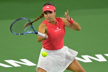 Mar 5, 2025; Indian Wells, CA, USA; Camila Osorio (COL) hits a shot as she defeated Naomi Osaka (not pictured) in her first round during the BNP Paribas Open at the Indian Well Tennis Garden. Mandatory Credit: Jayne Kamin-Oncea-Imagn Images