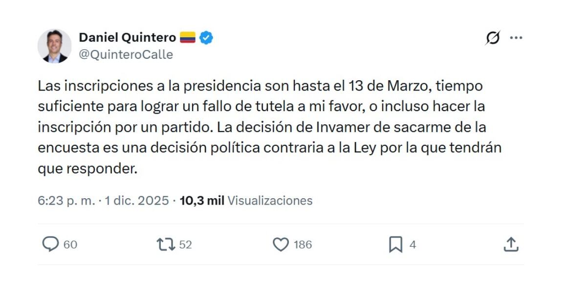 El exalcalde de Medellín Daniel Quintero hizo un nuevo pronunciamiento sobre su candidatura, que confía inscribir antes del 13 de marzo - crédito @QuinteroCalle/X