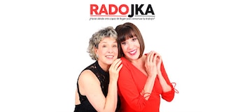 Dos mujeres vestidas de negro y rojo posan sonrientes bajo el título Radojka sobre fondo blanco