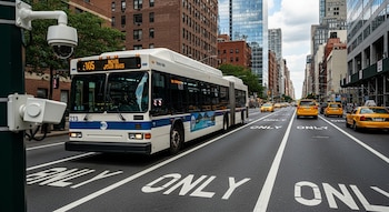 Autobús urbano blanco y azul en Nueva York circulando por un carril exclusivo "BUS ONLY" con marcas en el pavimento, y cámaras de vigilancia en postes.