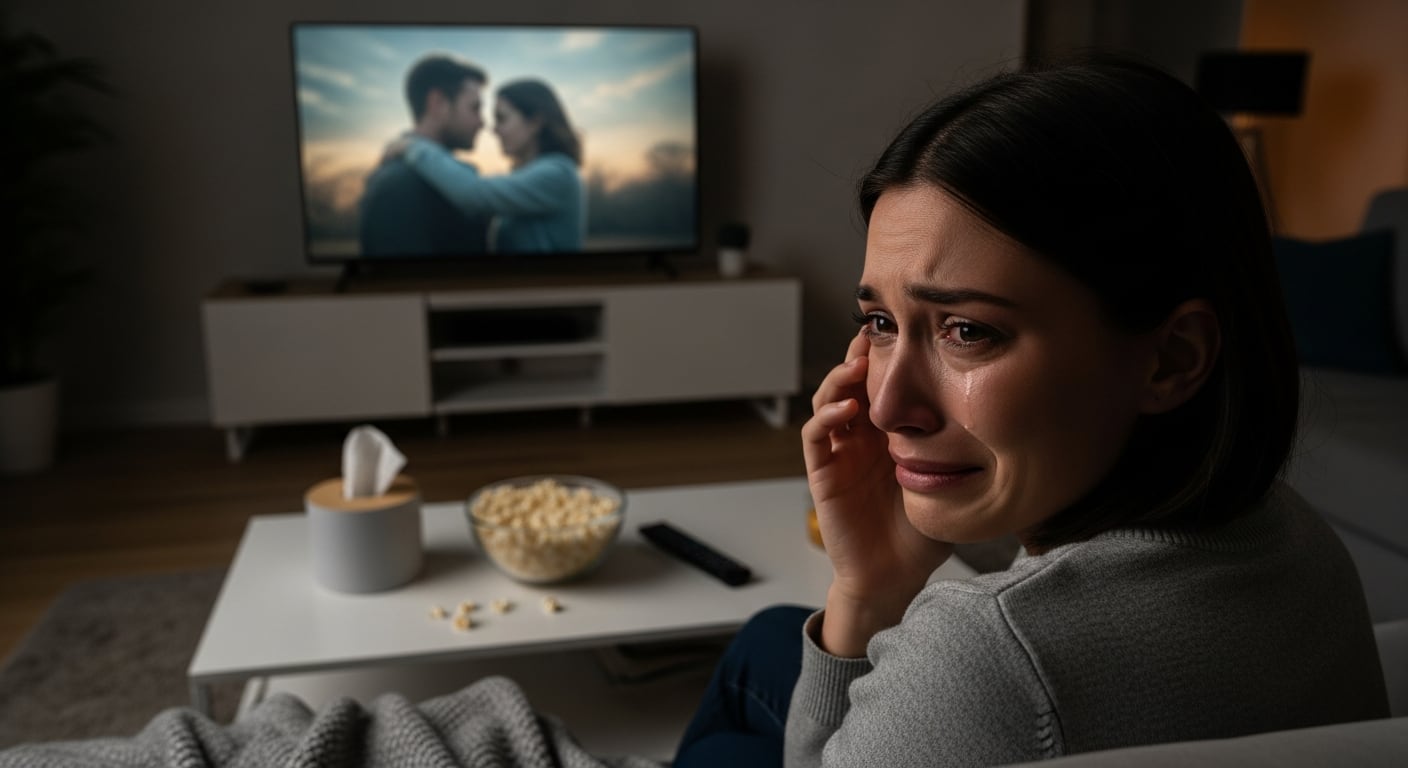 Una mujer solitaria se muestra visiblemente emocionada y llora mientras mira una película romántica en su sala de estar, con un tazón de palomitas y una caja de pañuelos cerca. (Imagen Ilustrativa Infobae)