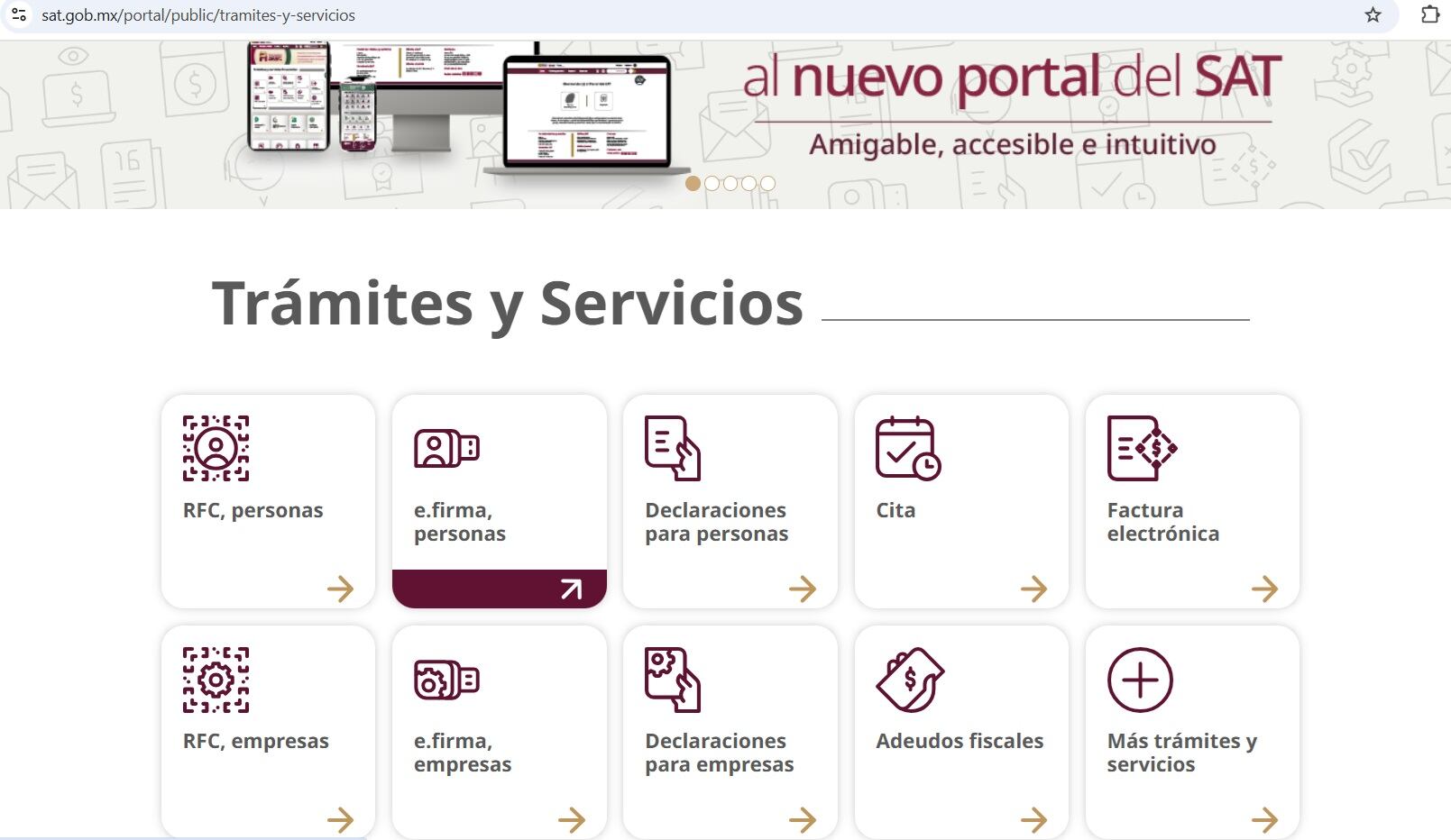 El nuevo portal del SAT permite tramitar la e.firma en línea (Captura www.sat.gob.mx/portal/public/tramites-y-servicios)