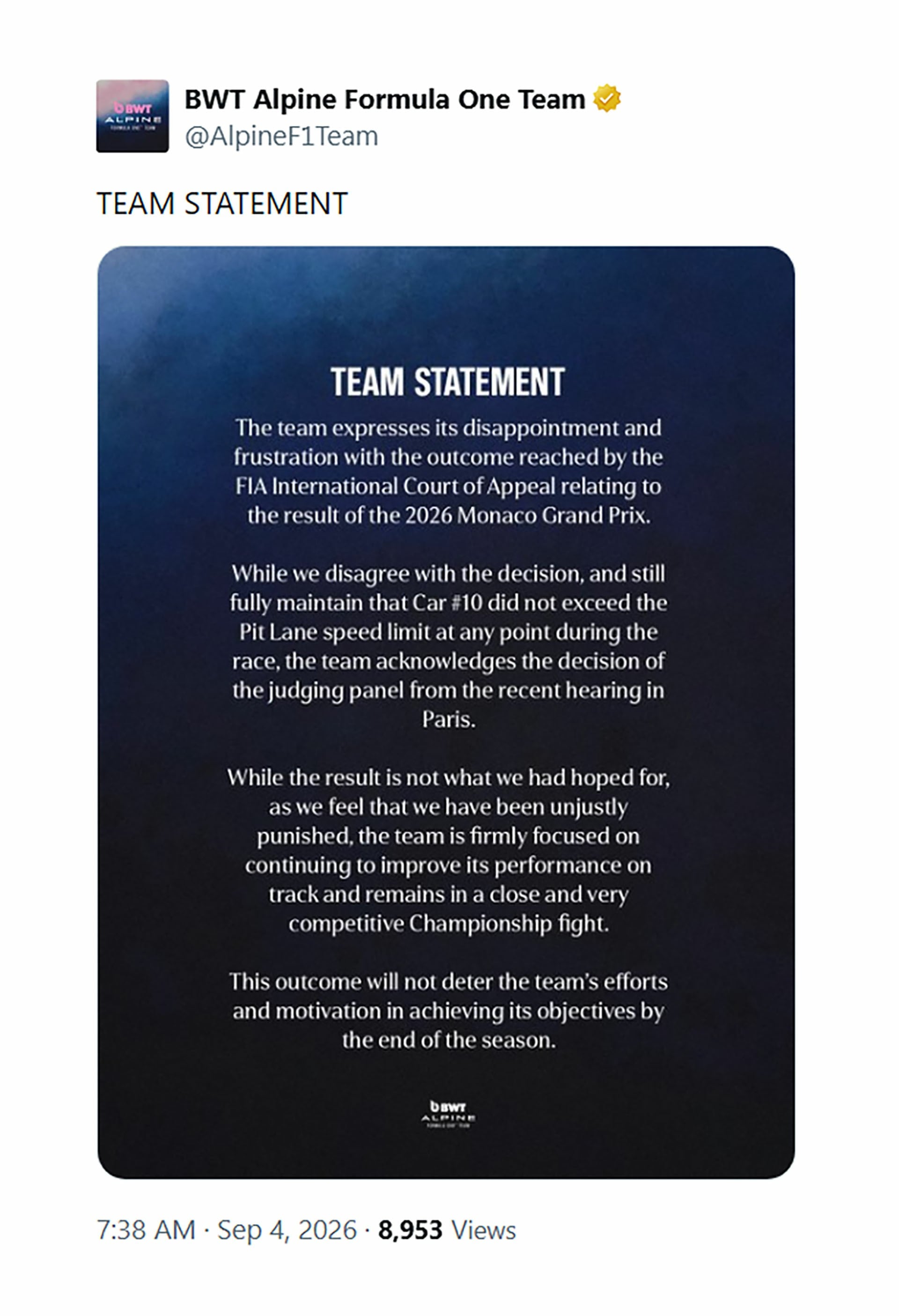El equipo Alpine expresa su desacuerdo con la resolución de la FIA sobre la sanción impuesta a Pierre Gasly en el Gran Premio de Mónaco.