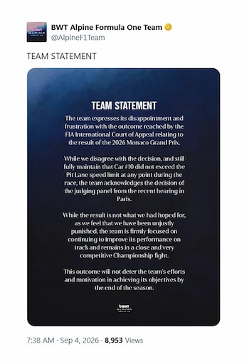 Captura de pantalla de una publicación en redes sociales con un comunicado oficial del equipo Alpine de Fórmula 1