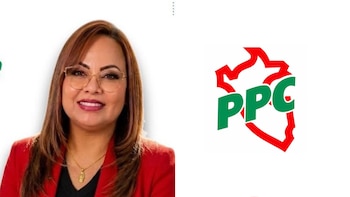 Retrato de una mujer con saco rojo y gafas junto al logotipo del Partido Popular Cristiano