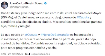 Juan Carlos Pinzón pidió “acción real” tras el asesinato de Miguel Castellanos en Cúcuta - crédito @PinzonBueno/X