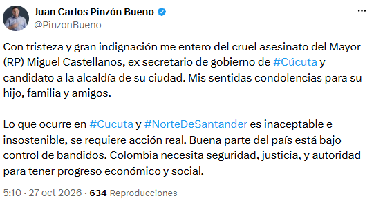 Juan Carlos Pinzón pidió “acción real” tras el asesinato de Miguel Castellanos en Cúcuta - crédito @PinzonBueno/X