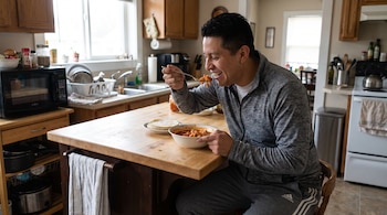 Hombre sentado en una silla en una cocina, come de un plato blanco con un tenedor, junto a un plato con tortillas, sobre una mesa de madera.