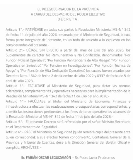Un decreto del vicegobernador de una provincia ratifica la Resolución Ministerial MS-N° 342 y cesa suplementos de carácter no remunerativo desde julio de 2026. (Gobierno de la provincia de Santa Cruz)