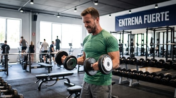 Un hombre con camiseta verde levanta dos mancuernas en un gimnasio con bancos de pesas y una pancarta en la pared.