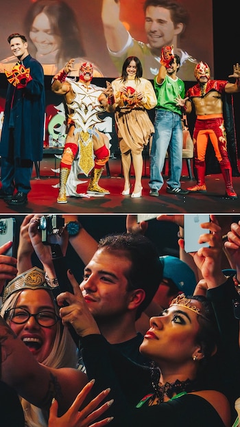 Vista dividida. Arriba: Actores de La Casa del Dragón con luchadores de Lucha Libre en un escenario, sosteniendo máscaras. Abajo: Multitud de fans con móviles levantados