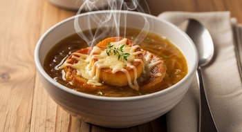 Una humeante sopa de cebolla en un tazón blanco, con dos rebanadas de pan gratinadas con queso fundido y una ramita de tomillo encima, sobre una mesa de madera.