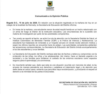 Um aluno de uma escola na cidade de Kennedy foi ferido por uma arma que parecia ser portada por outro aluno - crédito Ministério da Educação