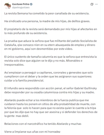 Gustavo Petro defendió a la madre de sus hijas y rechazó los señalamientos difundidos por Eva Ferrer en Semana - crédito @petrogustavo/X