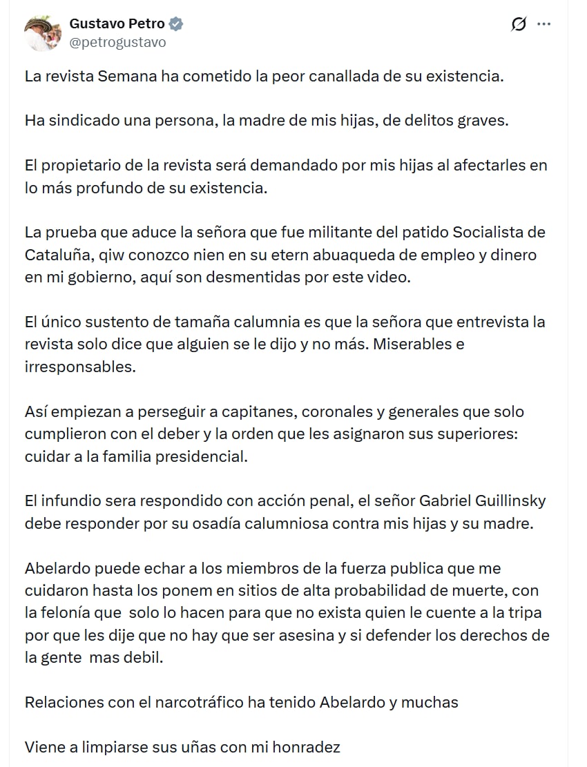 Gustavo Petro defendió a la madre de sus hijas y rechazó los señalamientos difundidos por Eva Ferrer en Semana - crédito @petrogustavo/X
