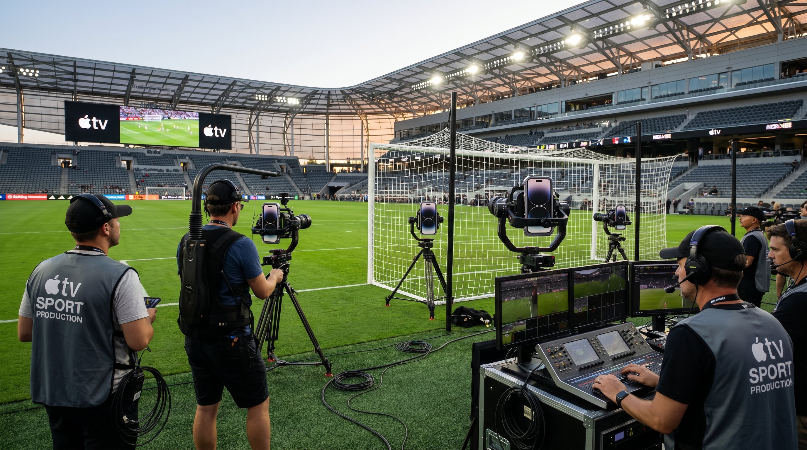 Operadores de Apple TV Sport Production utilizan múltiples iPhone 17 Pro y equipos de sonido para transmitir en vivo un partido de fútbol, mostrando la integración de tecnología moderna en eventos deportivos. (Imagen Ilustrativa Infobae)