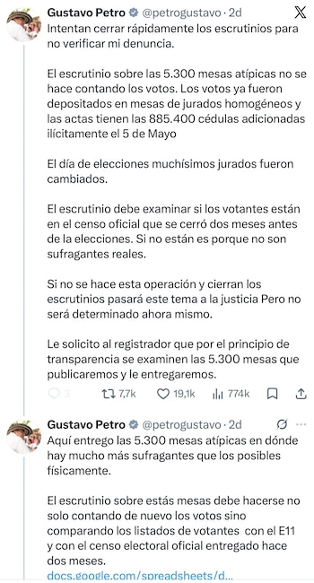 Gustavo Petro solicitó revisar 5.300 mesas atípicas antes de cerrar el escrutinio electoral del 31 de mayo - crédito @petrogustavo/X