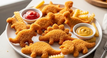 Vista aérea de un plato blanco con múltiples nuggets de pollo dorados en forma de dinosaurio, patatas fritas onduladas, ketchup rojo y mostaza amarilla.