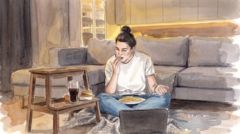 Mujer sentada en el suelo con moño, comiendo papas fritas de un plato, frente a una computadora portátil. Un taburete con bebida y hamburguesa a su lado. Sofá detrás.