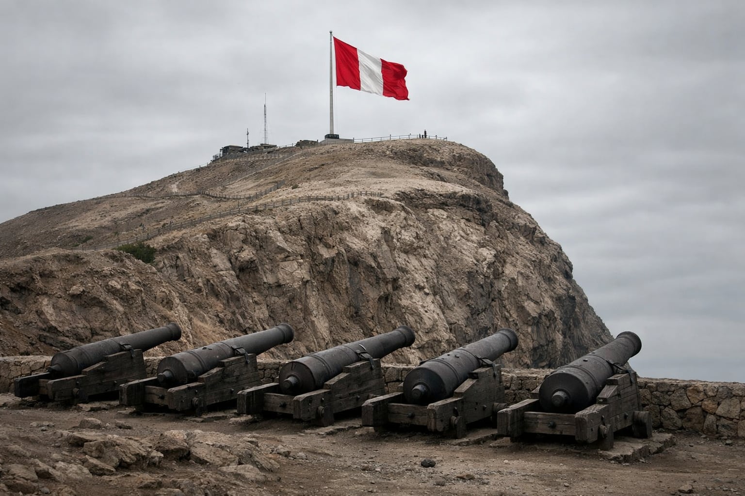 La bandera de Perú ondea vibrante en la cima del Morro de Arica, un sitio histórico con cañones antiguos alineados en primer plano bajo un cielo nublado, simbolizando la memoria nacional. (Imagen Ilustrativa Infobae)