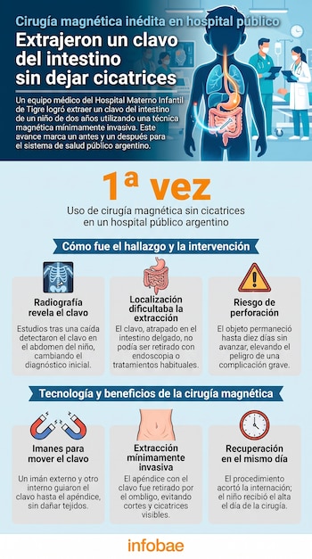 Infografía de un niño con órganos internos que señalan un clavo en el intestino, médicos, radiografía, imanes y diagramas sobre cirugía magnética.