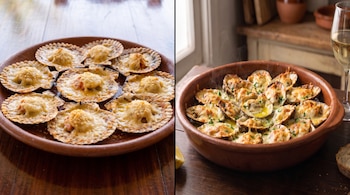 Imagen dividida en dos secciones que contienen moluscos horneados con queso gratinado en platos de barro y una copa de vino.