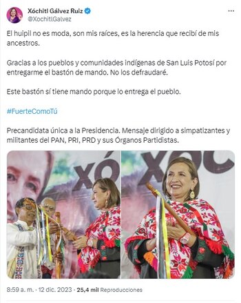 Xóchitl Gálvez presumió el bastón de mando en redes sociales. | Captura de pantalla