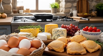 Una canasta de huevos, muslos de pollo crudos en una tabla, y varios tipos de quesos en una encimera de cocina con uvas y tomates.