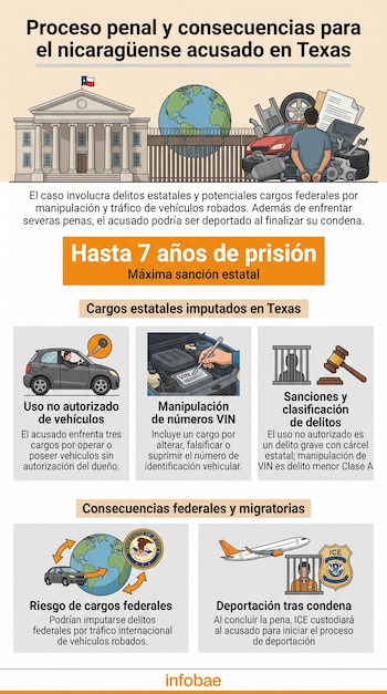 Infografía con edificio, globo, hombre esposado, piezas de vehículos, automóviles, persona junto a motor, mazo, escudo del Departamento de Justicia, avión y escudo de ICE.