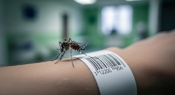 Un mosquito se posa sobre un antebrazo humano con una pulsera blanca de código de barras y números en un fondo desenfocado.