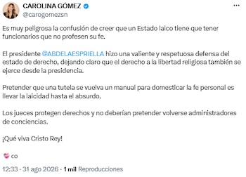 Carolina Gómez respalda a De la Espriella y rechaza límites judiciales a la fe de servidores públicos - crédito @carogomezsn/X