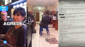 Pantalla dividida con Angie Jibaja, un hombre de espaldas en una oficina y un documento legal. Logotipos de televisión están visibles